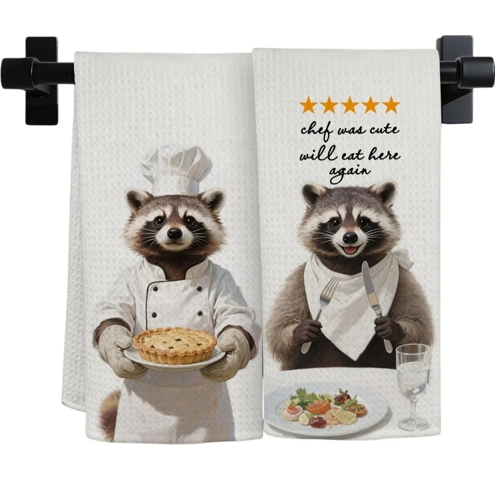 2 Kitchen Towels - White Waffle Linen With Cute Raccoon Images - Set Of 2